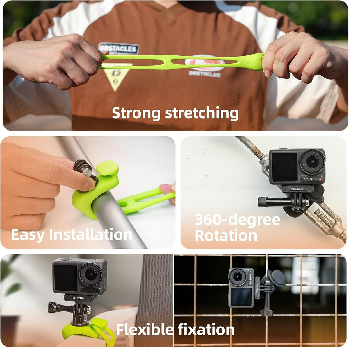 TELESIN Camera 360 Strap Mount Flexible Wrap Band Bike Motorcycle Handlebar Tube Roll Bar Stick Pole Ski Holder Accessories for GoPro Max Hero 13 12 11 10 9 Insta360 Ace Pro X3 DJI Action 3 4 Pocket