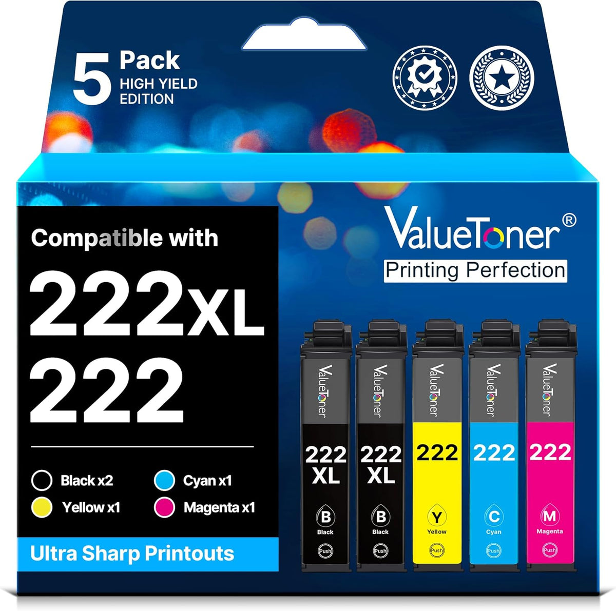 Valuetoner 222XL (5-Pack) High-Capacity Black & Standard Color Remanufactured for Epson 222 Ink Cartridges 222XL Work with Workforce WF-2960 Expression XP-5200 (2 Black, 1 Cyan, 1 Magenta, 1 Yellow)