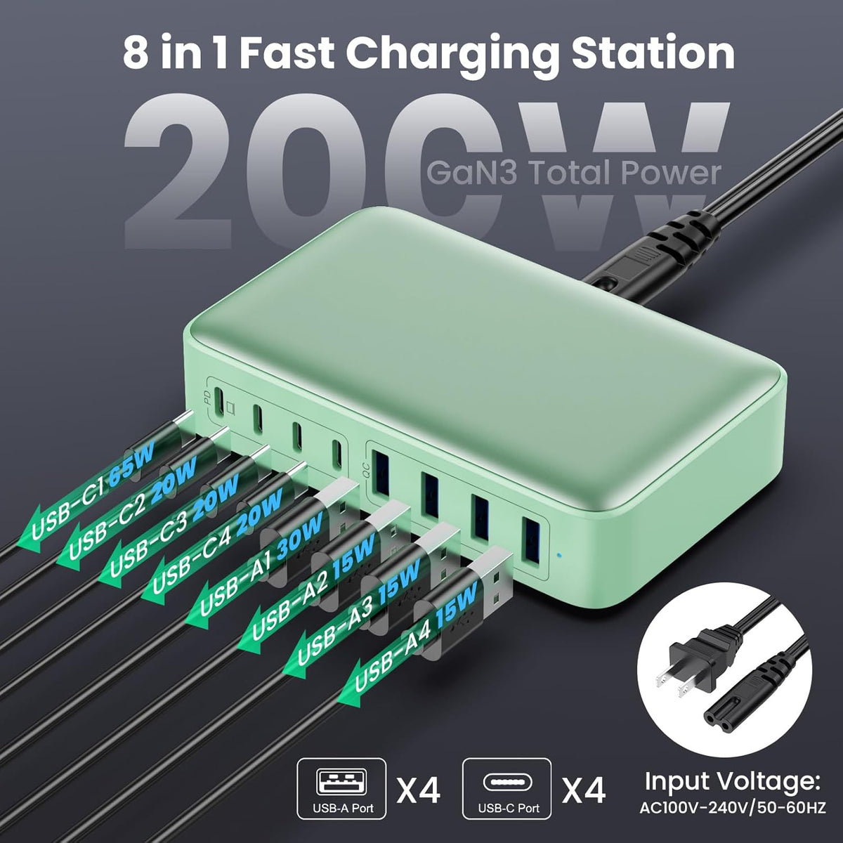 USB C Charger 200W USB C Charger Block,Upgraded GaN III 8-Port Fast Charging Station Hub,PD 65W Laptop Charging Adapter Compatible with MacBook Pro/Air,DELL,Steam Deck,iPhone 16/15/14,Galaxy S23/22