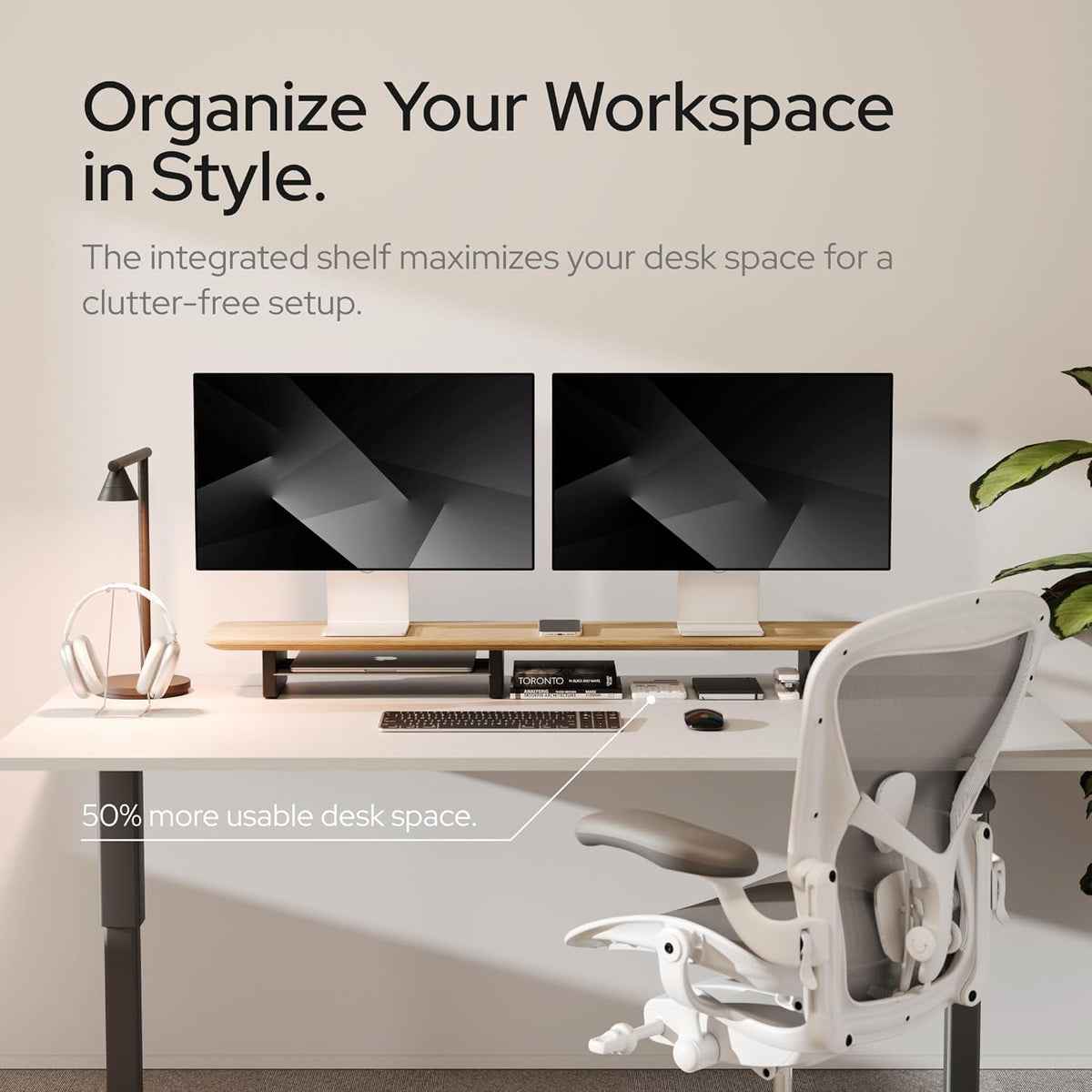 KIVY Dual Monitor Riser With Integrated Metal Shelf [MADE BY HAND] - Wooden Desk Shelf for 2 Monitors - Wide Long Stand for Desk (44 x10x3in - Oak)