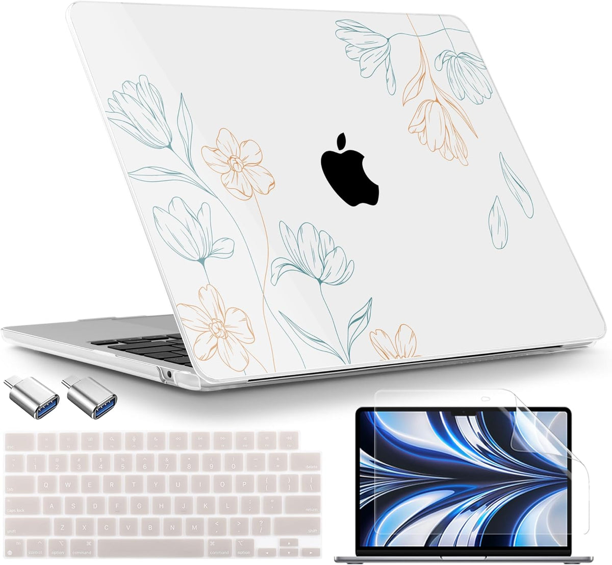 TWOLSKOO Compatible with M4 MacBook Air 13.6 inch Case 2025-2022 Release M4 A3240 M3 A3113 M2 A2681, Plastic Hard Shell & Keyboard Cover & Type C Adapter & Screen Protector, Engraved Floral