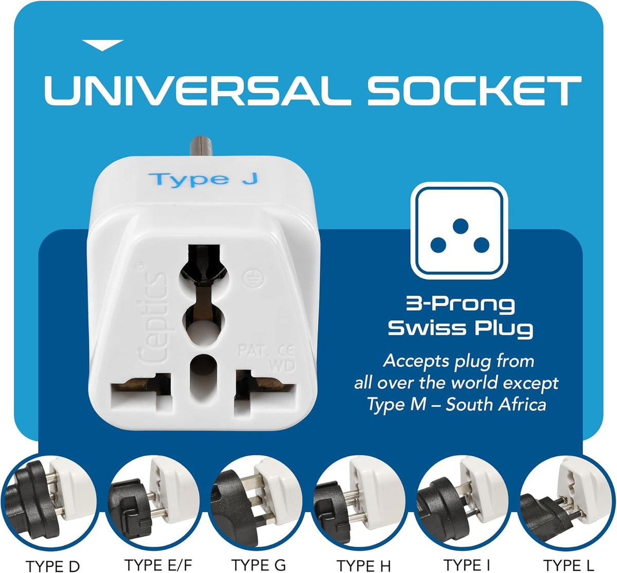Ceptics Switzerland Travel Plug Adapter (Type J) - 3 Pack [Grounded & Universal] (GP-11A-3PK)