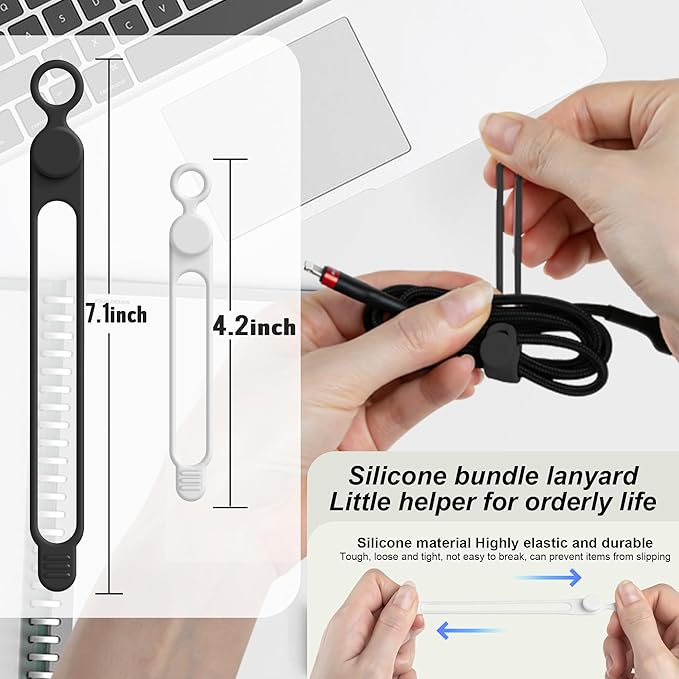 Nearockle Silicone Cable Ties Cord Organizer Cable Management, 16Pcs 4.2" and 7.1" Reusable Cable Organizer Electronic Accessories for Home, Office, Kitchen, School, Travel(Black&White)