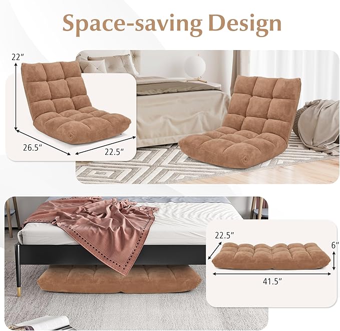 BETTARY Floor Chair with Back Support 14-Position Adjustable Lazy Floor Sofa with Memory Foam Padding Couch Recliner for Adults Folding Sleep Bed for Reading Meditating Gaming (Brown)