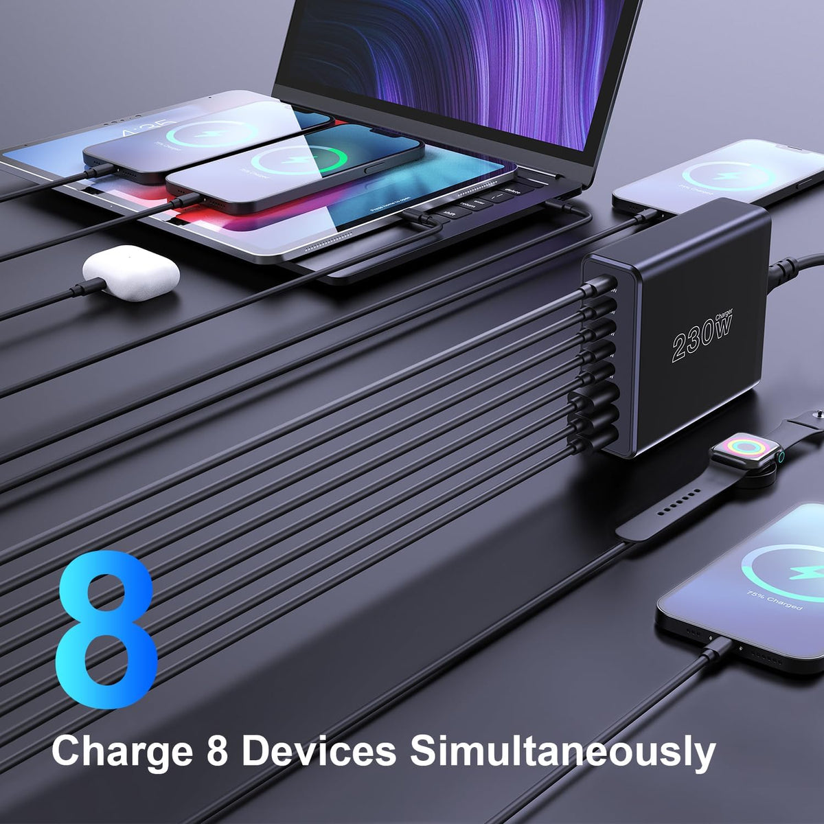 230W USB C Charging Station, Graaci Compact 8 Ports GaN Desktop Charger, PD 100W PPS 45W Super Fast Charger, Laptop Wall Charger Block for MacBook Pro, iPad, iPhone 15/14, Galaxy S24/S23, and More
