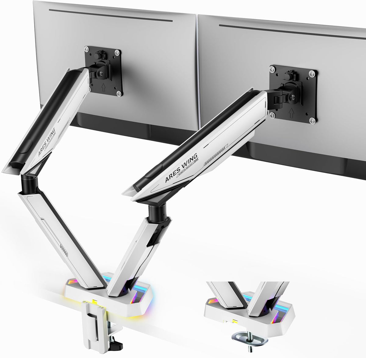 ARES WING RGB Dual Monitor Arm for 17-38" Ultrawide Screens, Holds 35.2lbs, Heavy Duty Dual Monitor Stand for Desk, Adjustable Double Monitor Mount with Clamp & Grommet Base, 75/100 VESA Mount, White