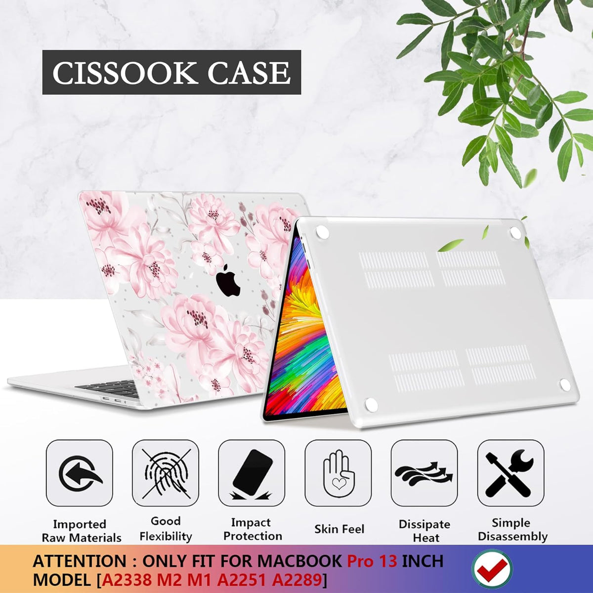CISSOOK Compatible with MacBook Pro 13 inch Case M2 M1 Chip 2025-2016 Release A2338 A2251 A2289 A2159 A1989 A1706 Model with Touch Bar, Plastic Hard Shell Case +Keyboard Cover, Cute Pink Flower