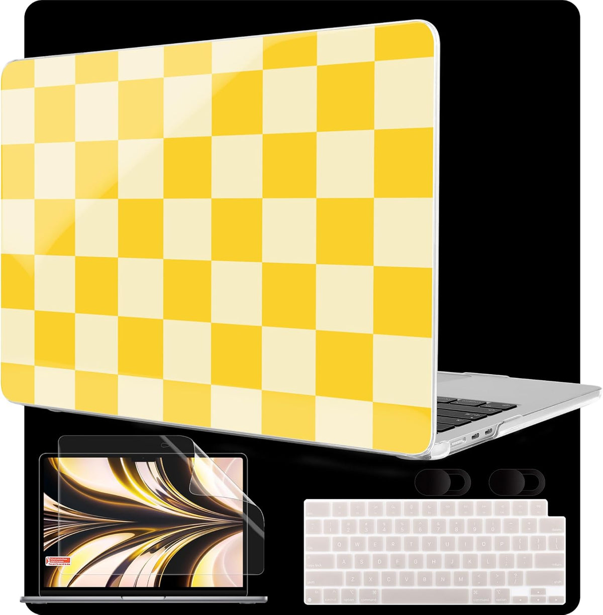 MEEgoodo Case for MacBook Air M4/M3/M2 13.6 inch 2025 2024 2022, Fit Model A3240 A3113 A2681, Compatible with MacBook Air 13 inch, Laptop Hard Shell Case with Keyboard Cover, Yellow Squares