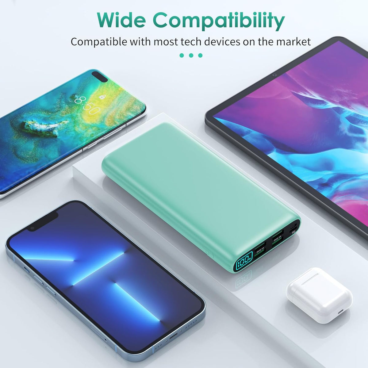 Portable Charger 38800mAh,LCD Display Power Bank,5 USB Outputs Battery Pack Backup,USB-C in&out Dual Input Phone Charging Compatible with iPhone 16/15/14 Pro,Android Samsung Galaxy Pixel Nexus-Green