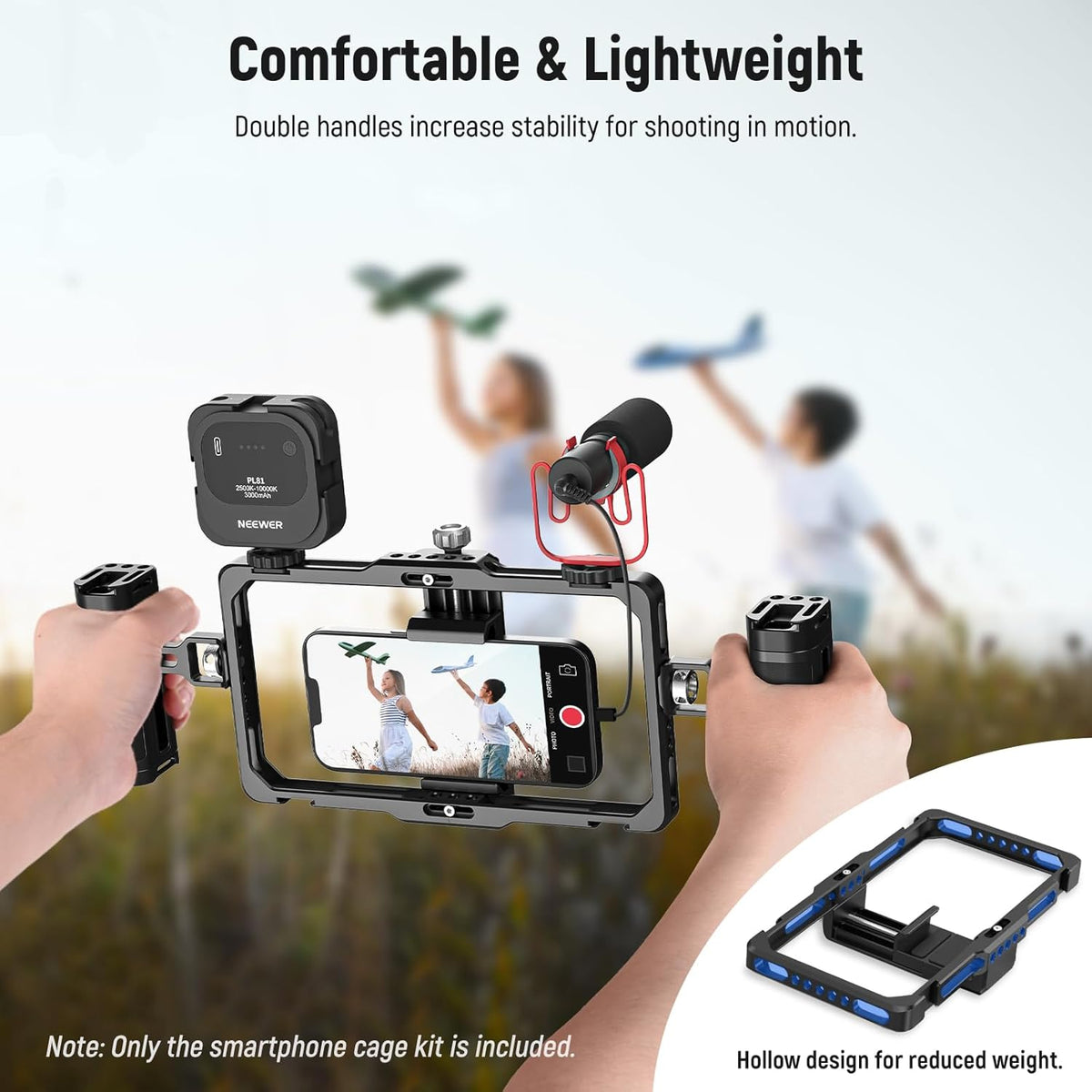 NEEWER Upgraded Phone Rig Vlogging Kit, Video Stabilizer with Dual Handle, Wireless Mic Clip Slot for Tiktok/YouTube, Compatible with SmallRig iPhone 16 15 14 Pro Max Plus 13 Galaxy S23, PA009