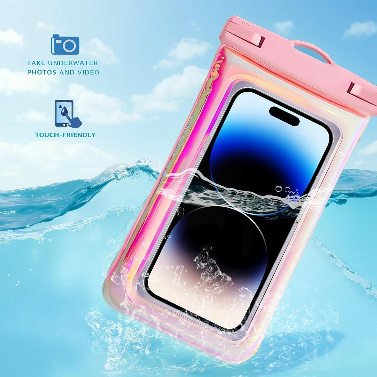 Floatable Waterproof Phone Pouch Case 2 Pax for iPhone 16 Pro Max/15/14/13/12, IP68 Travel Cellphone Dry Bag Beach Cruise Ship Essentials Bags with Crossbody Lanyard, Iridescent Pink and Blue-7″