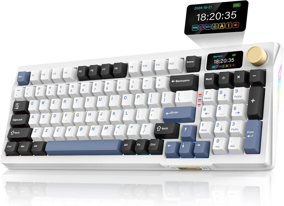 RedThunder K95 Wireless Mechanical Keyboard, TFT Screen & Knob, Tri-Mode BT5.0/2.4GHz/USB-C Hot Swappable Custom, Pre-lubed Linear Switches, Gasket Structure, RGB Gaming Keyboard, Snowy White-Blue