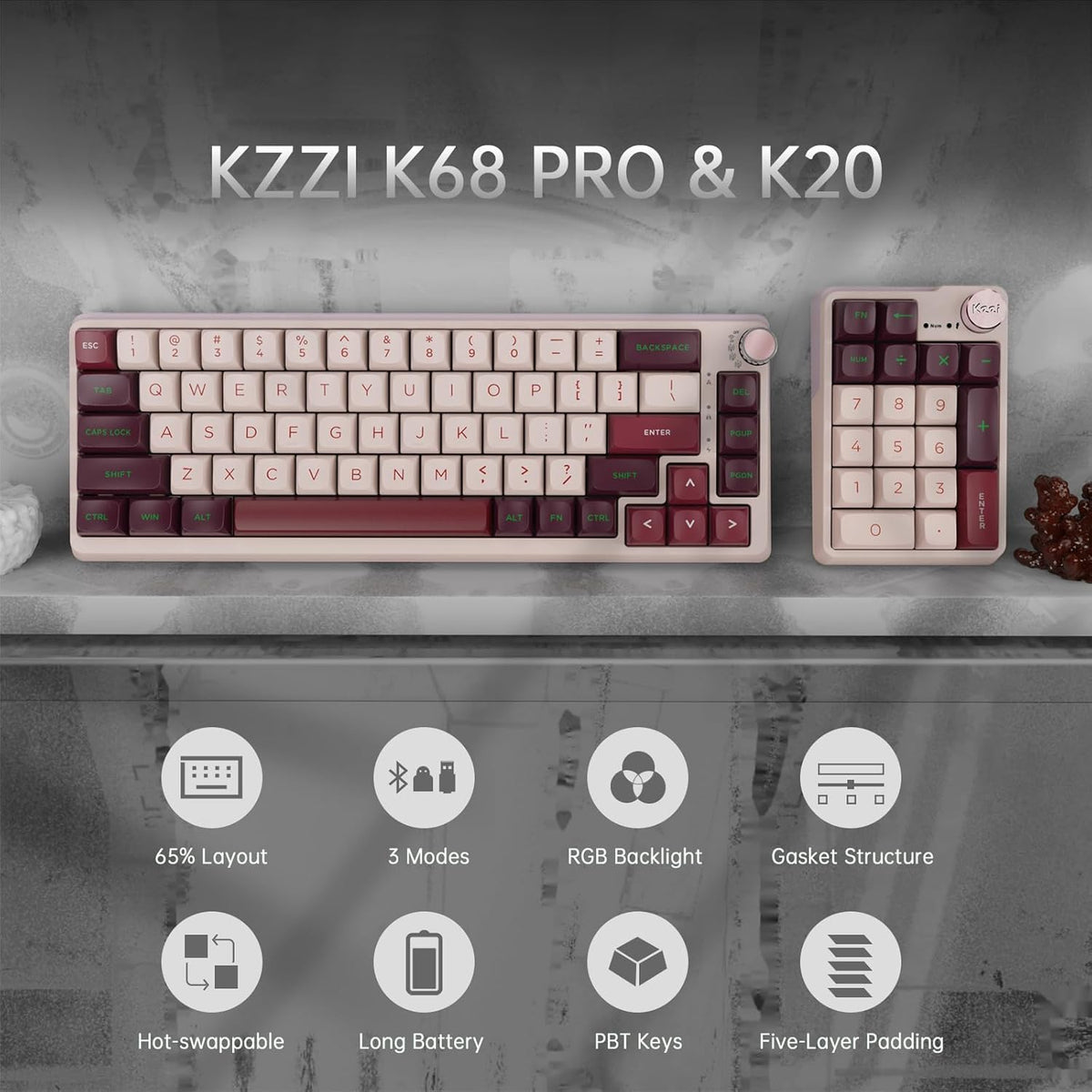 K68 Pro Gaming Keyboard, Layout Compact Wireless Mechanical Keyboard, Gasket Hot Swappable Custom BT 5.0/2.4G/USB-C Office Keyboard for Windows Mac (Purple-White, Eternity Tactile Switch)
