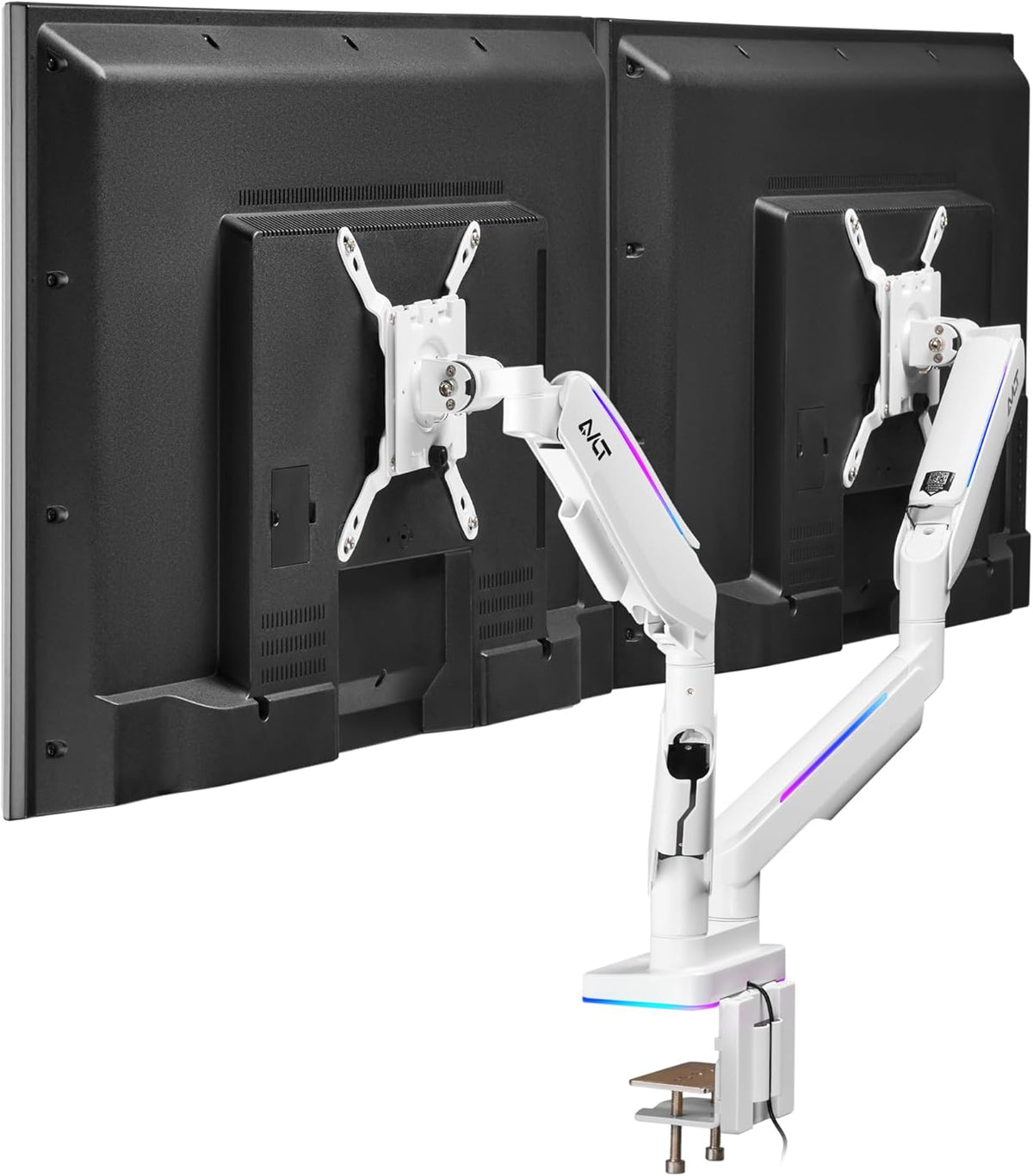 AVLT RGB Lights Dual 17”-43” Gaming Monitor Arm Desk Mount, Fits Two Flat/Curved/Ultrawide Screen up to 44lbs(20kg), Height Swivel Tilt Adjustable Stand – White