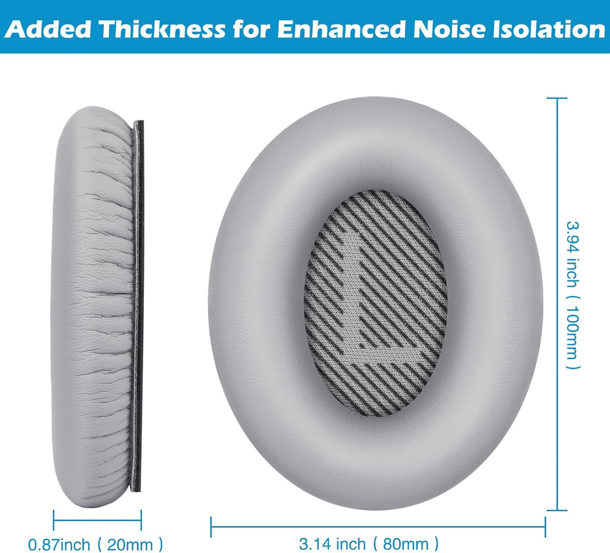 Ear Pads for Bose QuietComfort 35 ii, Premium Softer Leather Replacement Pads for Bose QC35 QC35ii Headphones Ear Pads Quiet Comfort, Noise Isolation Foam, Added Extra Thickness (Silver)
