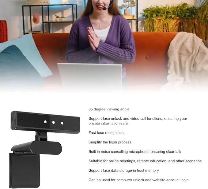 Face Recognition Webcam with Mic 5MP 2560x1440 HD Computer Camera 85 Degree View Angle for Computer 10 11 Face Unlock Video Calls