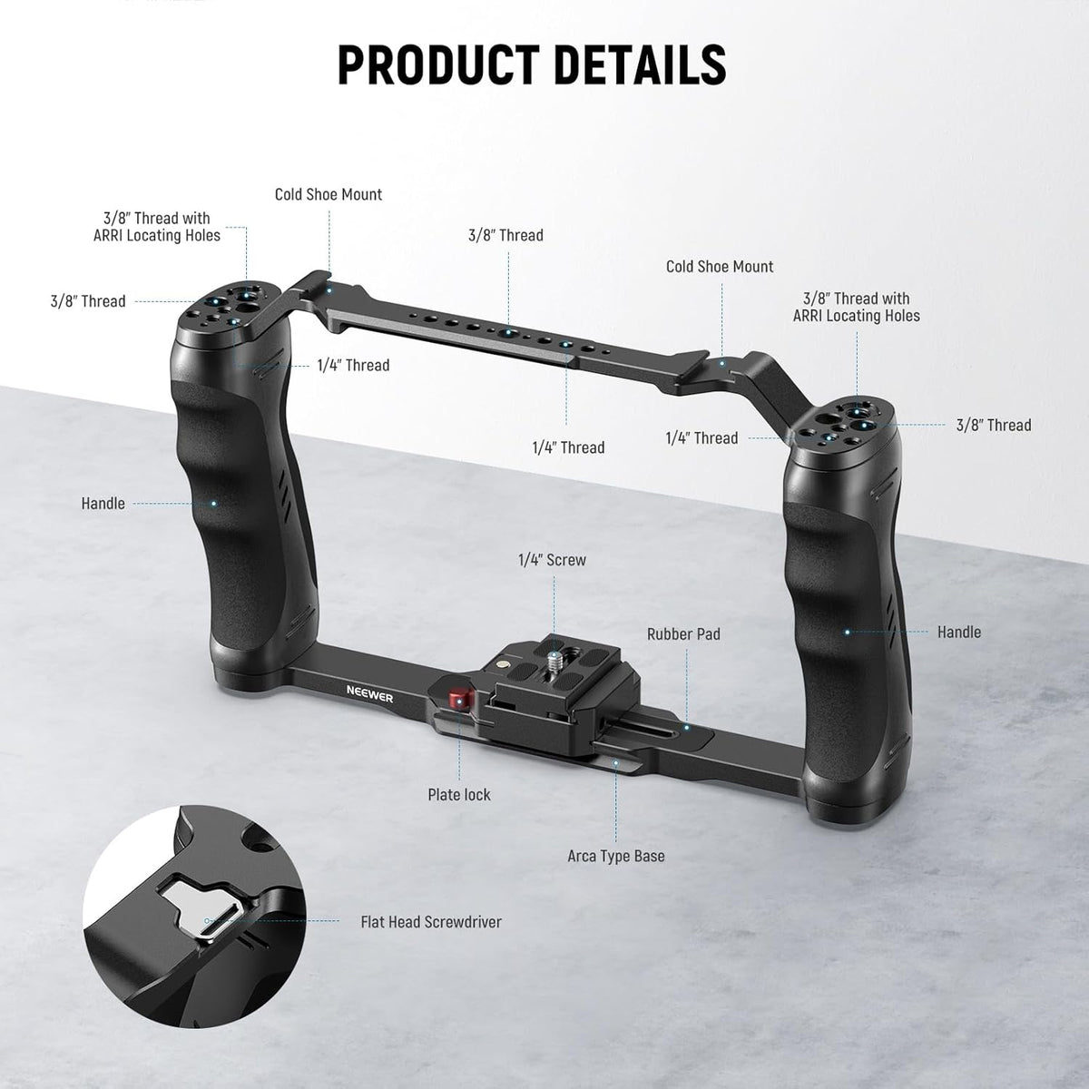 NEEWER Video Camera Cage Rig with Arca Type Quick Release Plate, Double Handles, 3/8" ARRI 1/4" Threads, Cold Shoes, Universal Camera Stabilizer, Compatible with SmallRig NEEWER Base Plate, CA077
