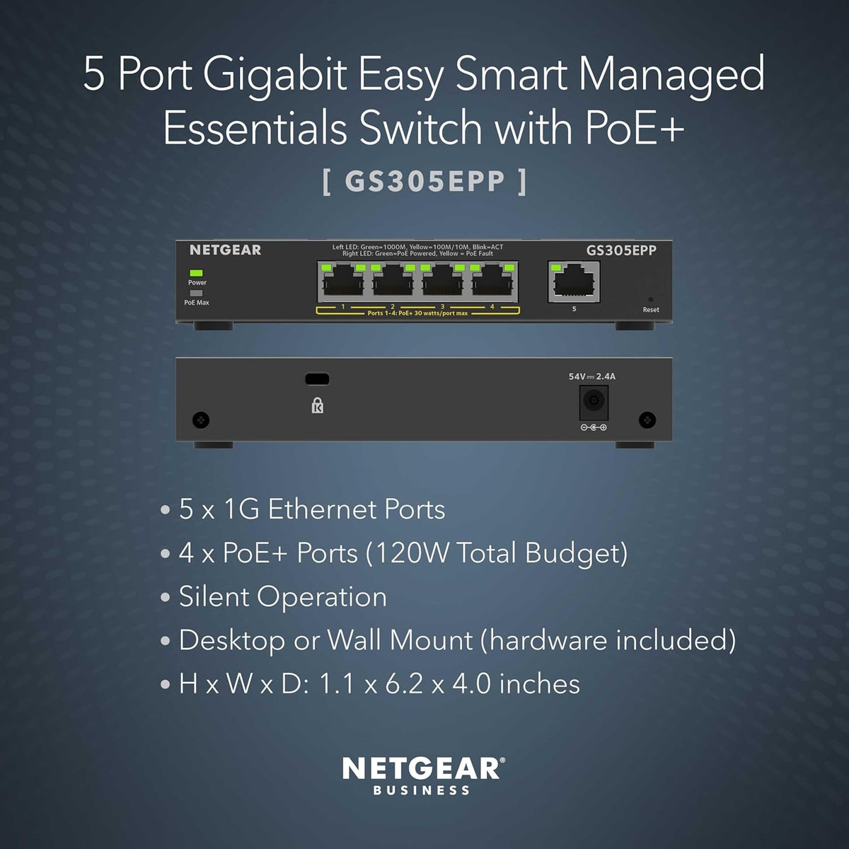 NETGEAR 5 Port PoE Gigabit Ethernet Easy Smart Managed Essentials Switch (GS305EPP) - with 4 x PoE+ @ 120W, Desktop or Wall Mount