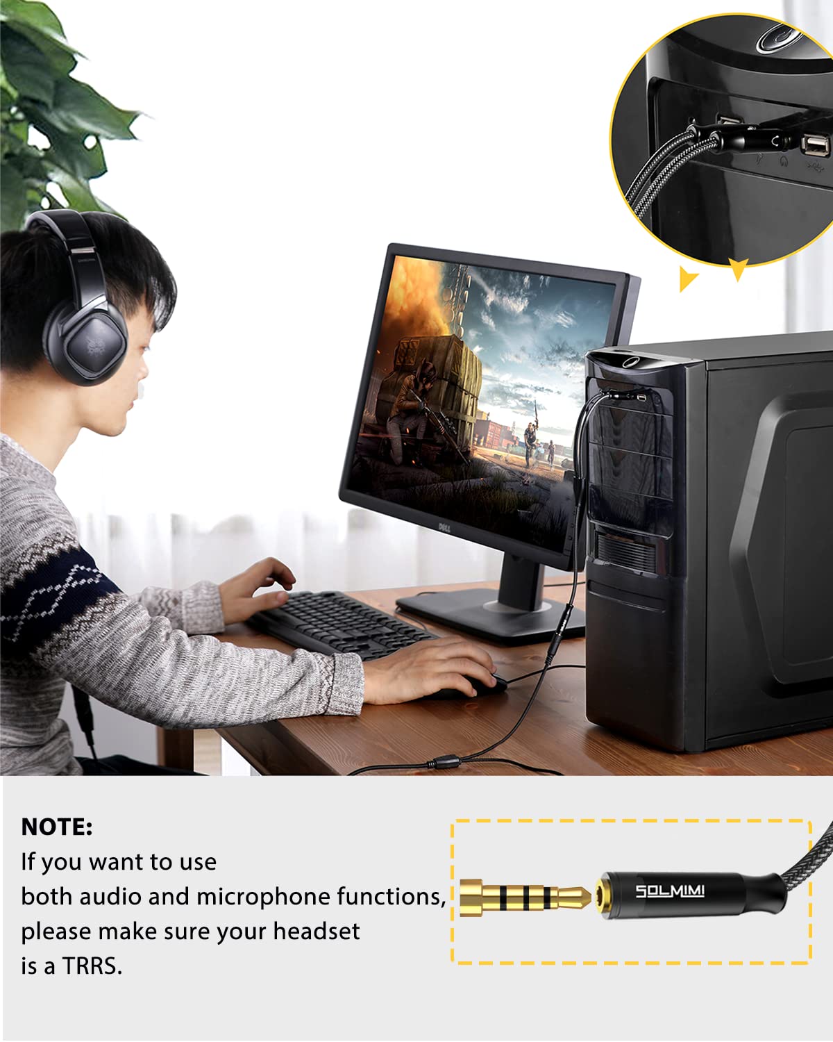 Headset Splitter Cable for PC 3.5mm Crystal-Nylon Braid Female to Dual 3.5mm TRS Male Headphone Mic Audio Y Splitter Cable CTIA Gaming Headset to PC Adapter - Matte Black 0.3M