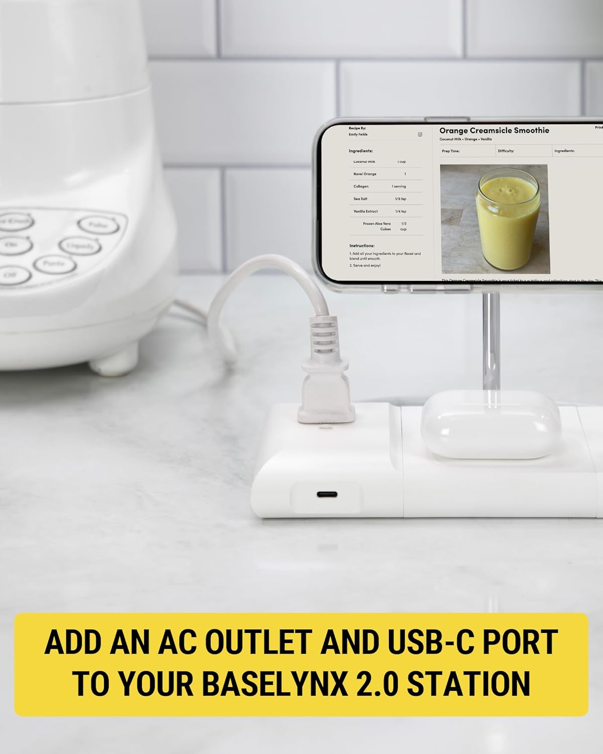 Scosche BL2PEACWT-AP BaseLynx™ 2.0 End Cap Modular System, 67W USB-C Charger Port & AC Outlet Extension Compatible with Apple iPhone, iPad, MacBook & More, Charging Station for Multiple Devices, White