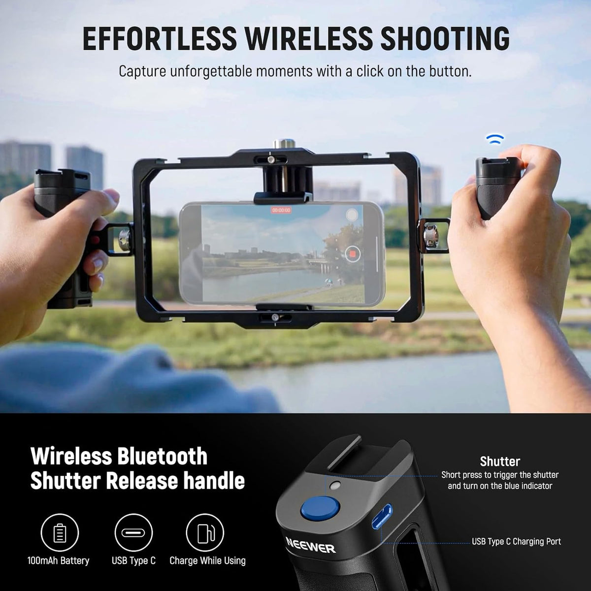 NEEWER Universal Phone Cage Video Rig with Bluetooth Shutter Side Handle Comfort Grips, Smartphone Stabilizer for Video Recording Compatible with iPhone 16 15 Pro Max 15 Pro Galaxy S24 Ultra, PA009E