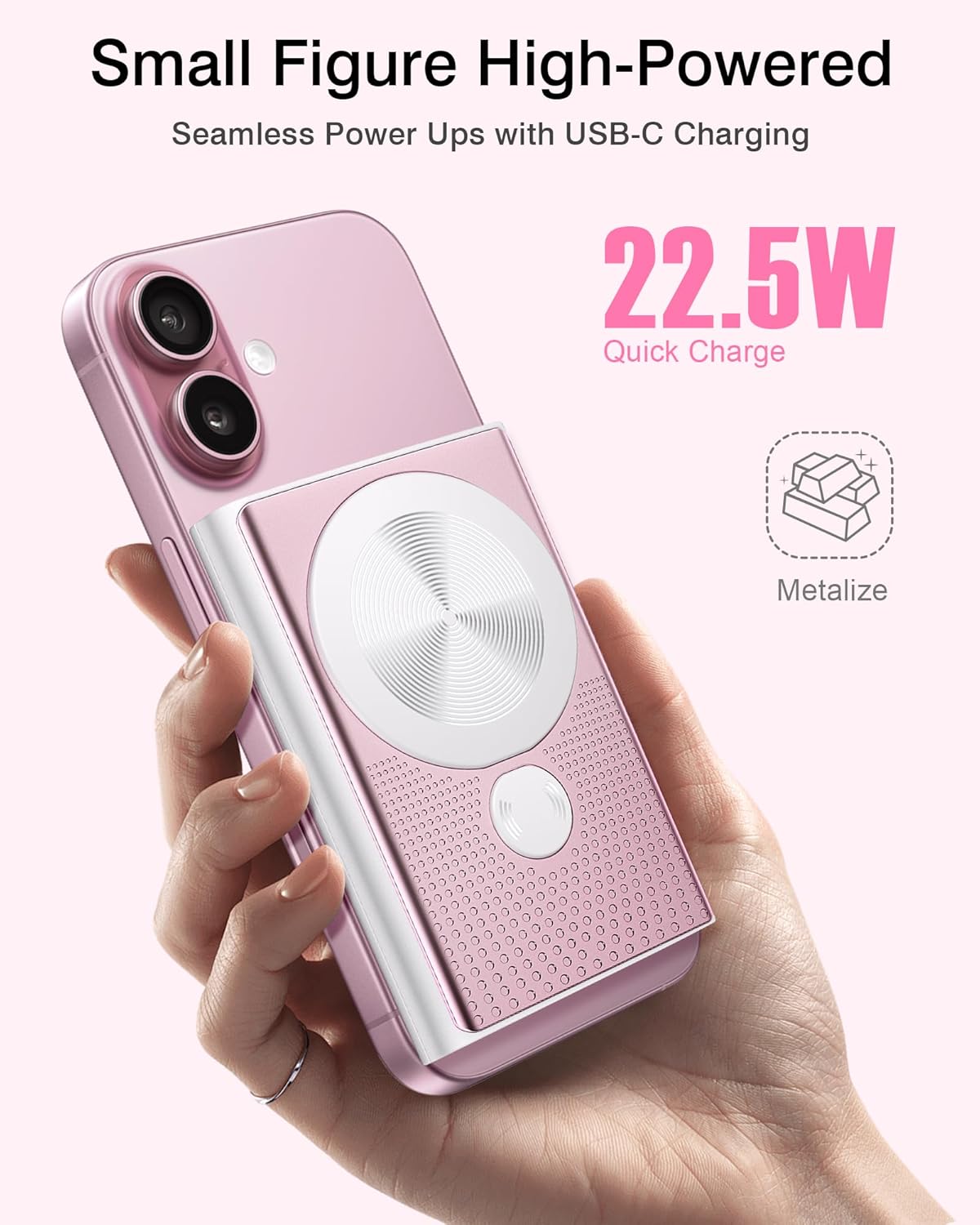 Kesguar Magnetic Portable Charger, 10000mAh 22.5W PD Super Fast Charging Wireless Power Bank. Ultra-Strong Magnet, USB C in&Out Battery Pack for Magsafe, iPhone 16/15/14/13/12 Pro Series, Pink