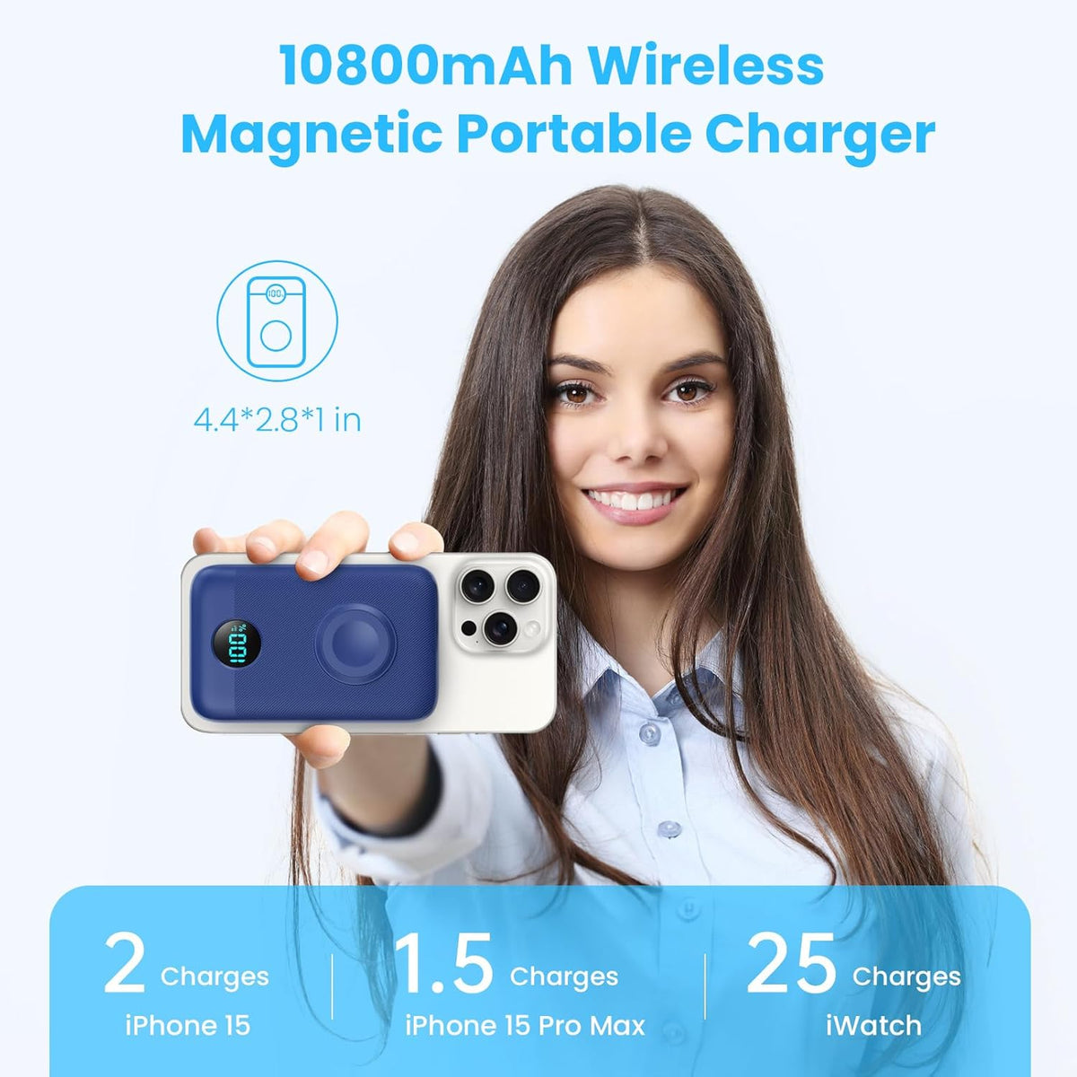 Magnetic Portable Charger 10800mAh,4-in-1 Wireless Power Bank with iWatch Charger, QC4.0+20W PD Fast Charging USB C Battery Pack with LCD Display for Magsafe,iPhone 16/15/14/13/12,Apple Watch (Blue)