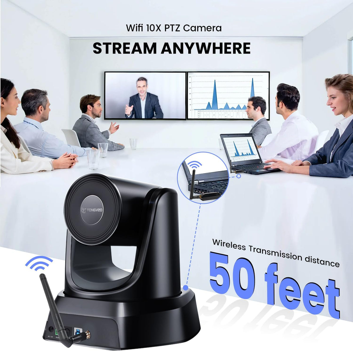 Wireless Conference Room Webcam, Church Live Streaming 10X USB 1080P 60fps PTZ Camera for Worship Services Online Conference, Works with Zoom, Skype OBS