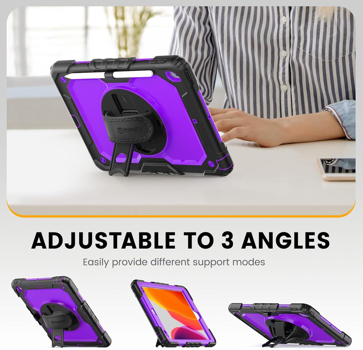 Timecity Case for iPad 9th/ 8th/ 7th Generation 10.2 inch - Heavy Duty Protective Cover with Screen Protector, Rotating Stand, Shoulder Strap & Pencil Holder | Kids-Friendly (Purple)
