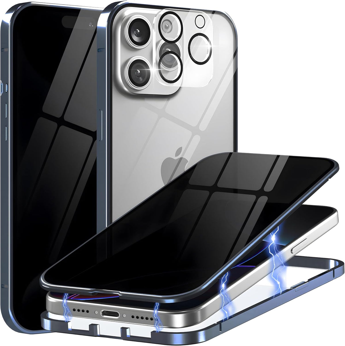 Privacy Magnetic Case for iPhone 16 with Metal Titanium Frame Privacy Screen Protector & Camera Lens Protector, Magnetic Adsorption Double Sided Tempered Glass Case Anti Peep Anti Spy Phone Cover