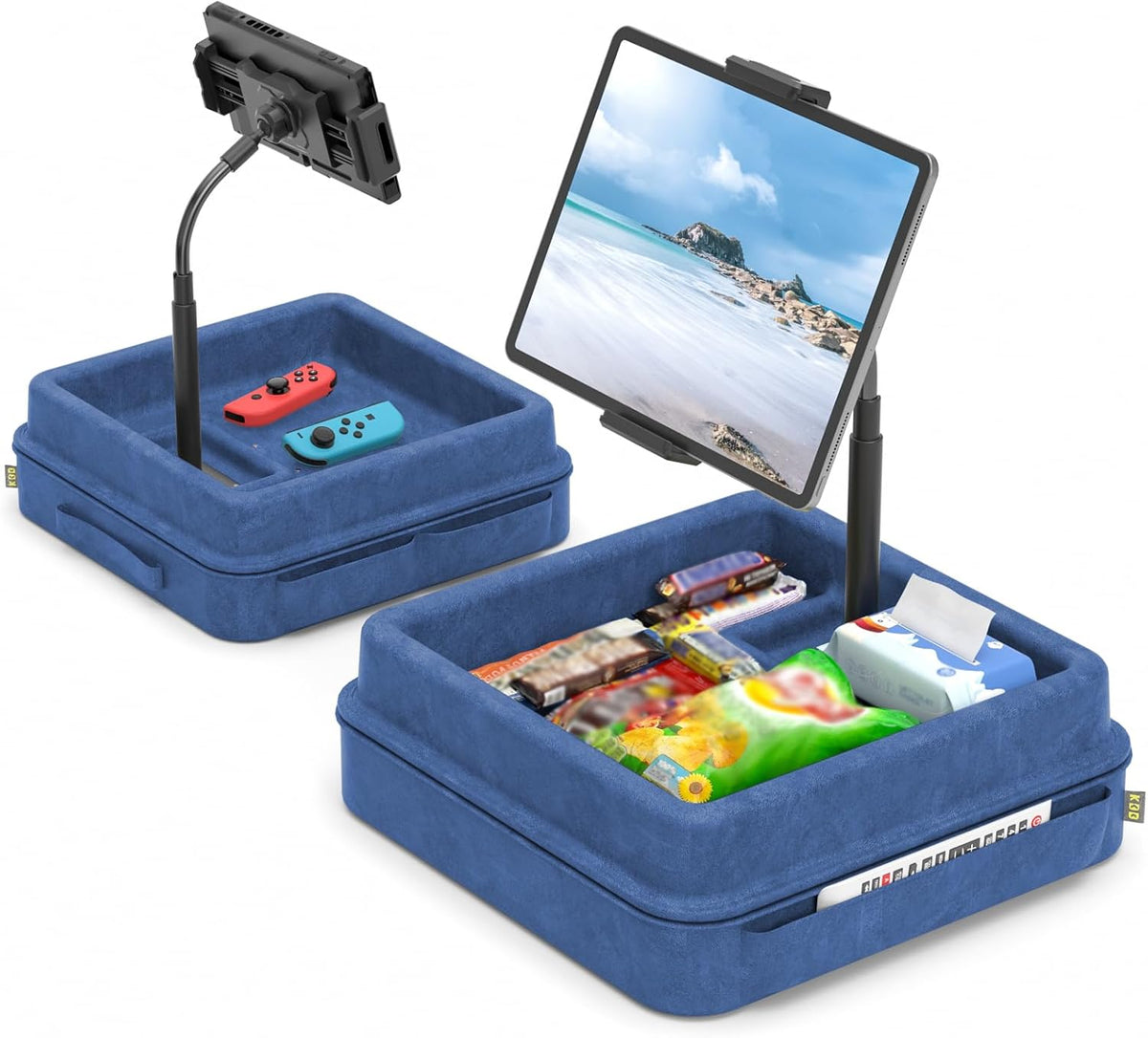 KDD Tablet Pillow Holder - 360°Adjustable iPad Pillow Stand for Lap, Bed and Desk - Gooseneck Tablet Soft Pad Dock with Storage Tray and Pocket Compatible with iPad Pro 12.9, Air Mini, Phone,(Blue)
