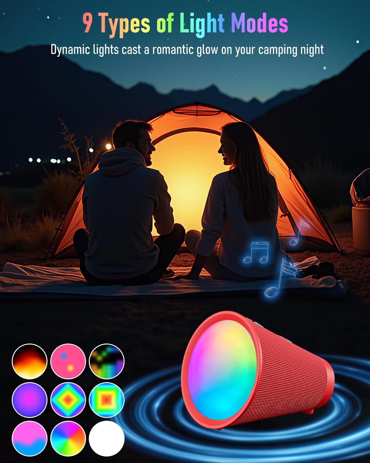 Portable Bluetooth Speaker Wireless with 9 Color Lights, 20H Playtime, Stereo Pairing, Deep Bass, IPX6 Waterproof, Bluetooth 5.3, Small Speaker for Home, Party, Outdoor, Camping, Beach, Gift