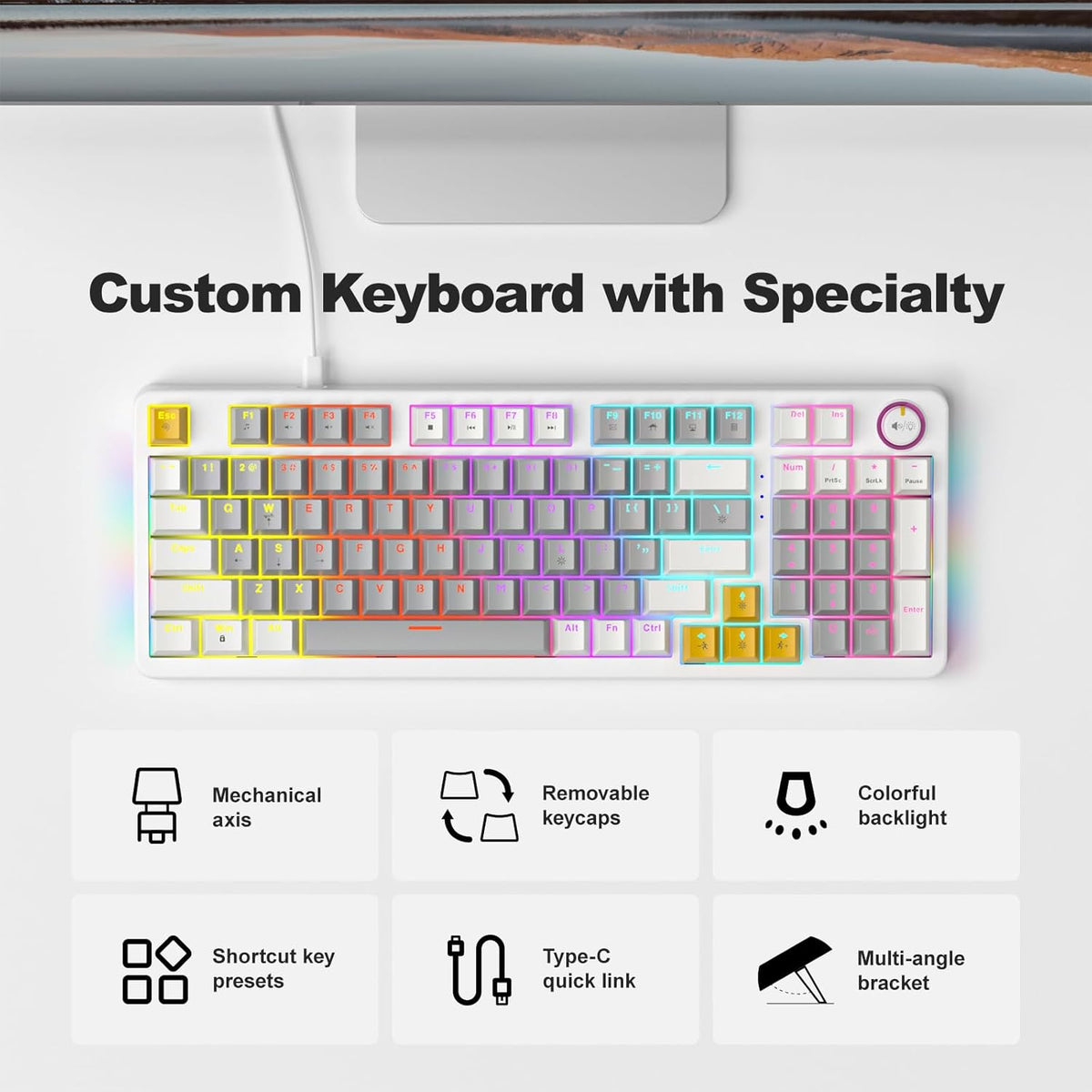 AK96 Smart Mechanical Keyboard Gaming, 96 Keys Full Size with LED Colorful Backlit, Clicky Creamy Sounding, USB Wired Computer Keyboard with Volume Knob for PC, Mac, Windows(Grey)