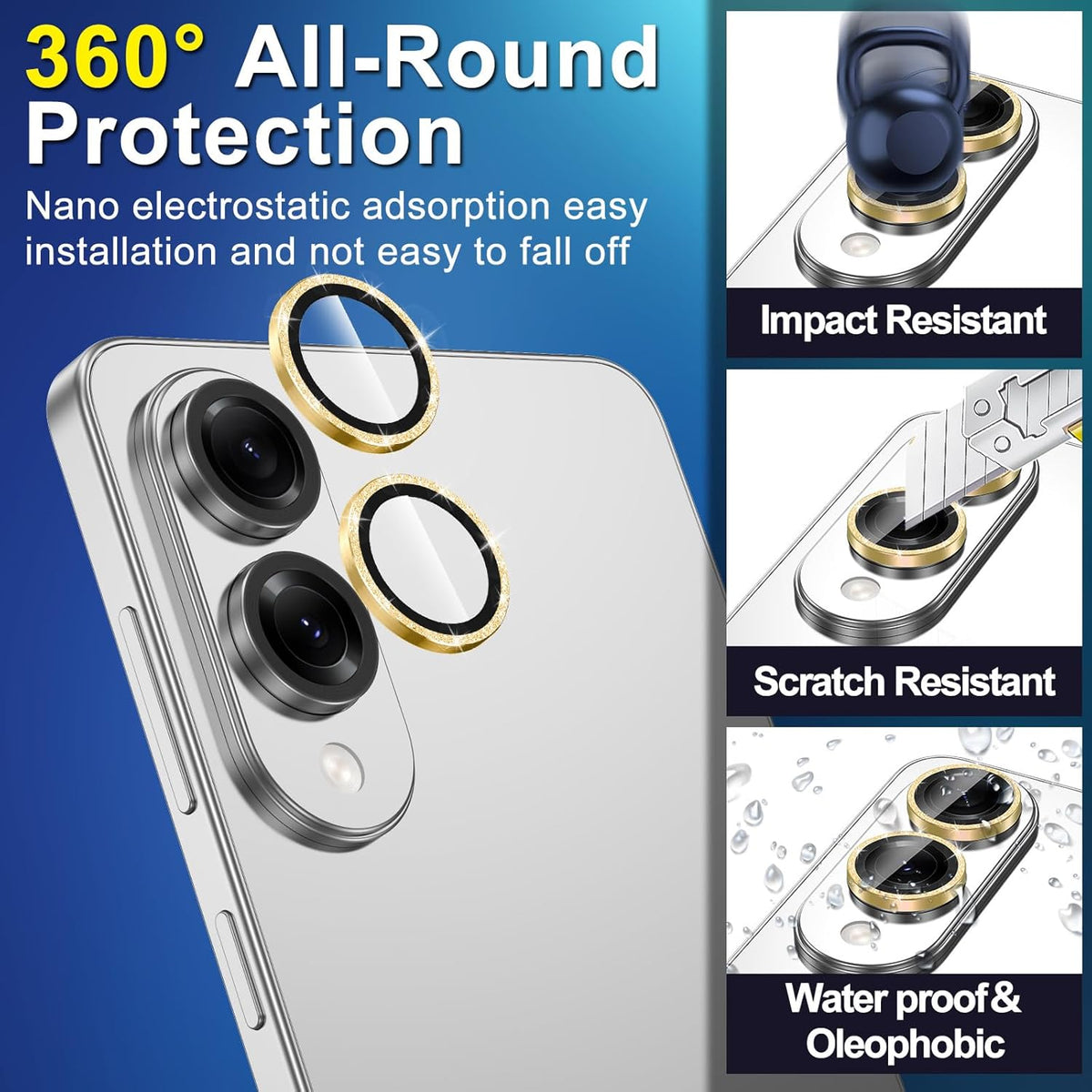 for Samsung Galaxy S25 Edge Camera Lens Protector, Individual Metal Ring Tempered Glass Lens Cover, [Strong Adsorption] Scratch Resistant Ultra-Thin HD Clear Lens Cover, 1 Set-Gold Sparkly