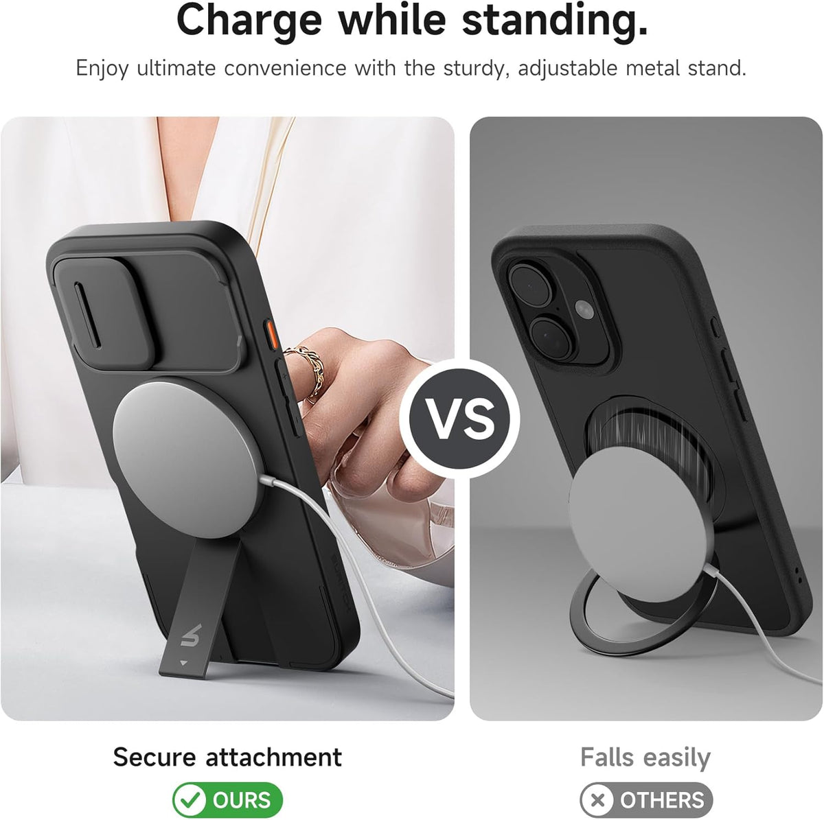 SURITCH for iPhone 16 Case with Magnetic Camera Slide Cover and Adjustable Kickstand, Compatible with MagSafe, Shockproof Bumper Case Slim Protective Cover 6.1 Inch, Black