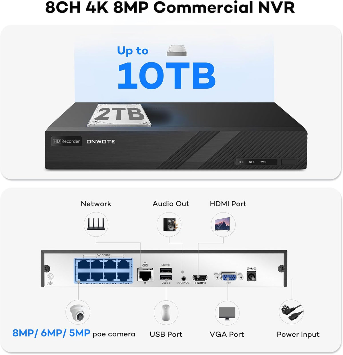 ONWOTE 4K NVR PoE Security Camera System 2 Way Audio, 8 Channel NVR 2TB, 4X 8MP Wired Outdoor IP Cameras, 125° FoV, AI Human Vehicle Detection Trigger Color Night Vision, CCTV Kit for Home Businesses