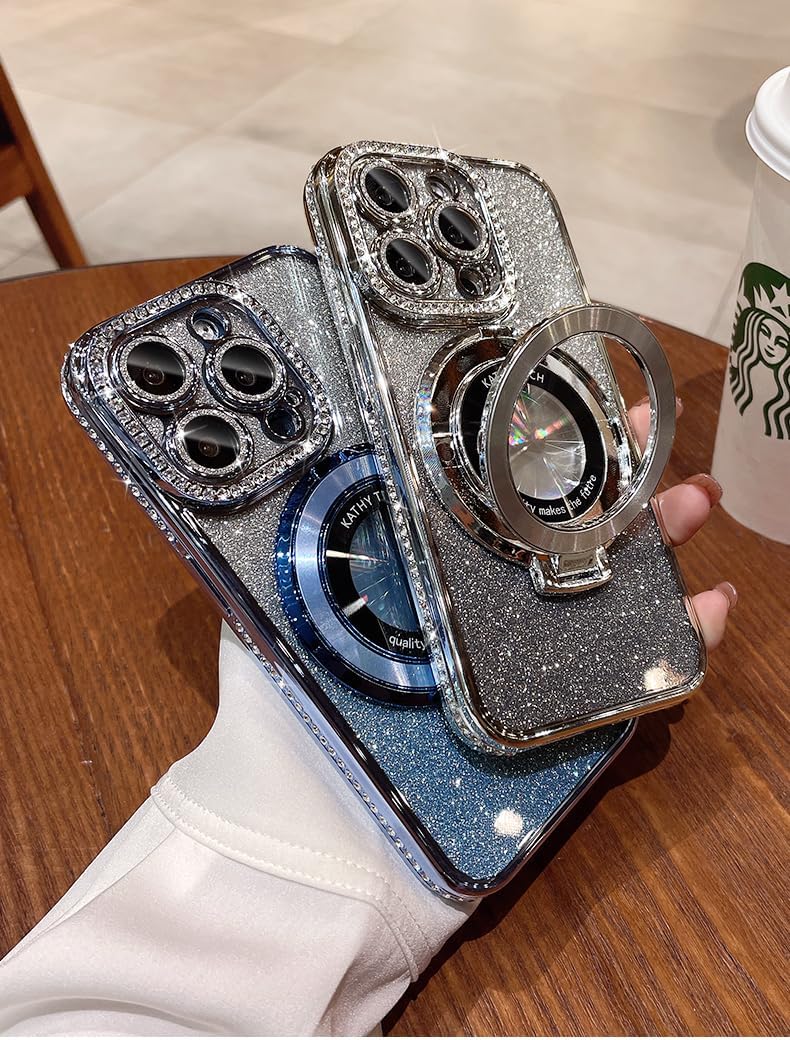 Magnetic Kickstand (Glitter Lens Protector ) Case for iPhone 15 14 13 16 Pro Max (Compatible with Magsafe ) Sparkling Diamond Cover Glitter Shiny Rhinestone Cases (Pink,for iPhone 16 Pro)