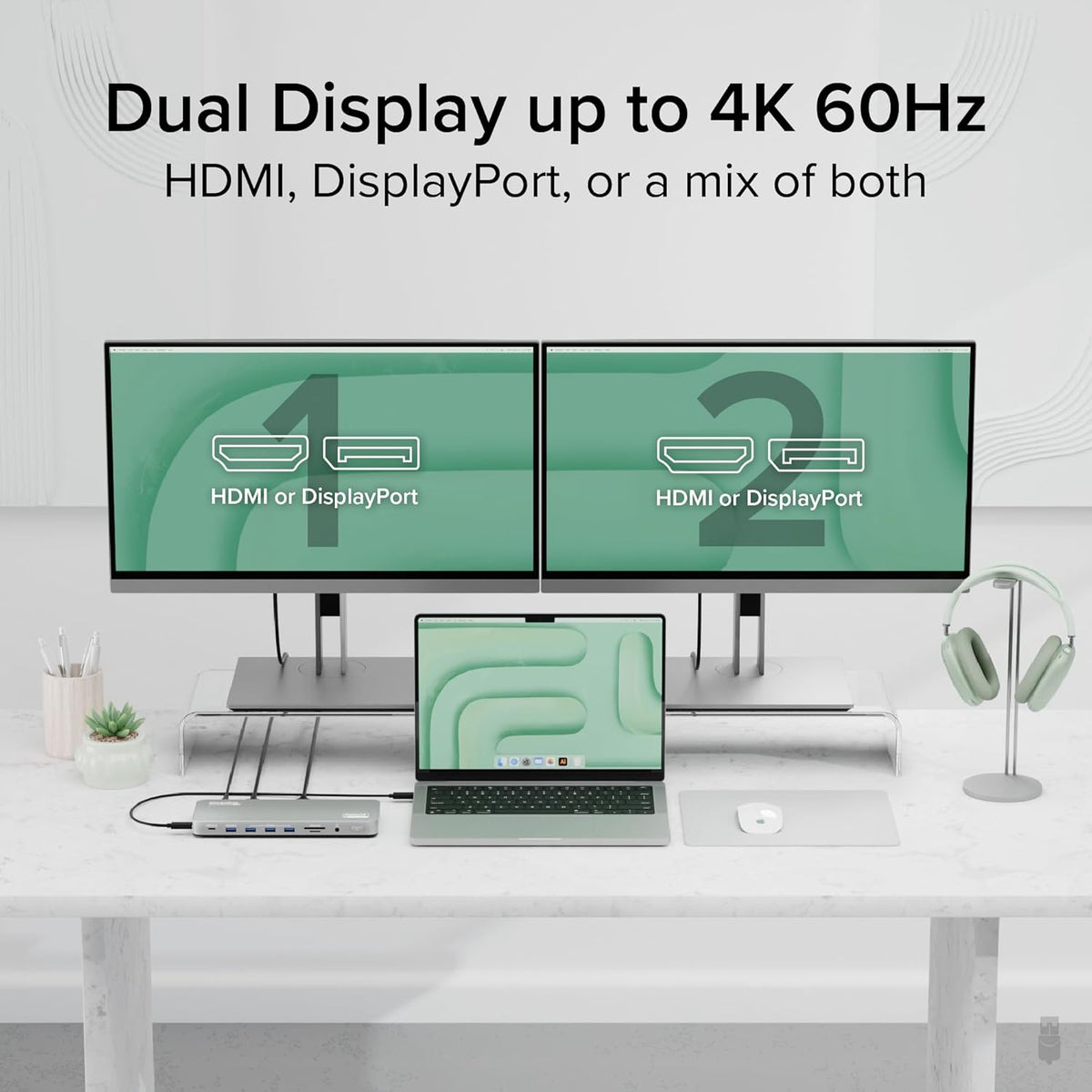 Plugable USB C Laptop Docking Station, Dual Monitor 4K 60Hz for Apple Mac M1/M2/M3/M4, 2X HDMI or 2X DisplayPort, 100W Charging DisplayLink Dock, 2 Displays for MacBook, Driver Required (UD-6950PDH)