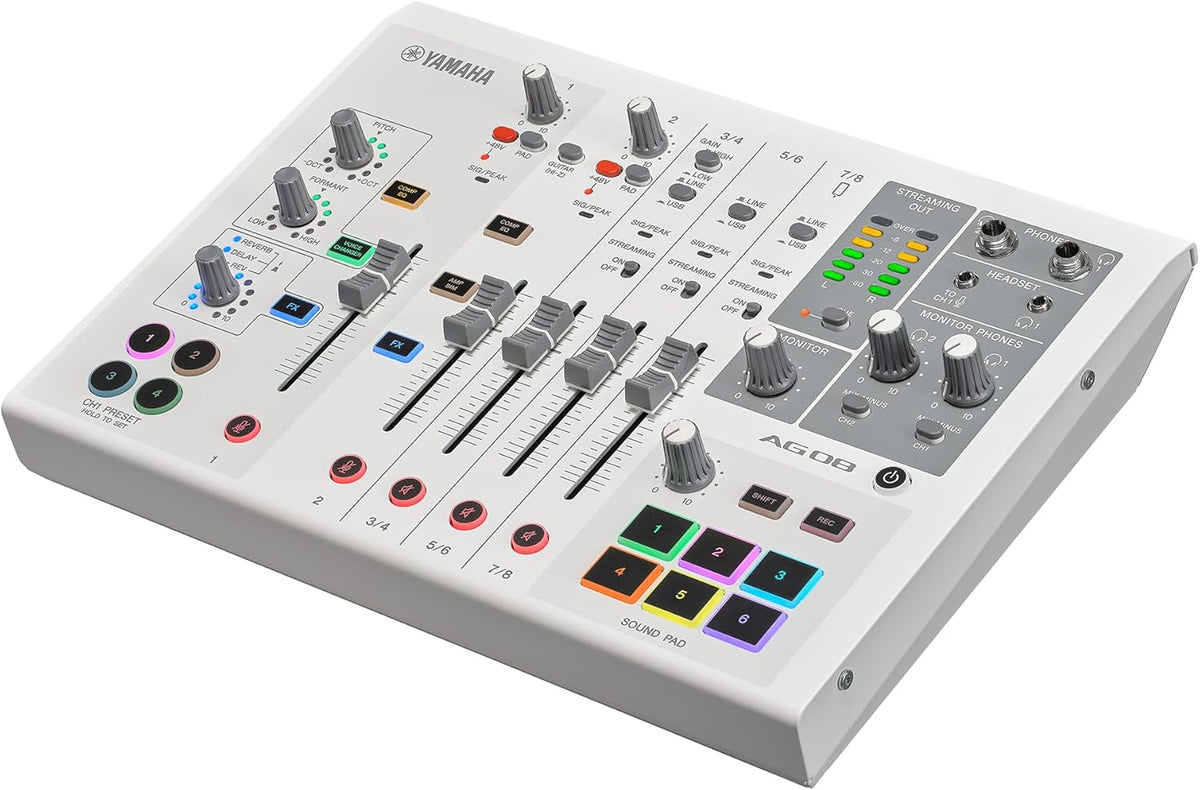 Yamaha AG08 White 8-Channel Live Streaming Loopback Mixer/USB Interface with Steinberg Software Suite