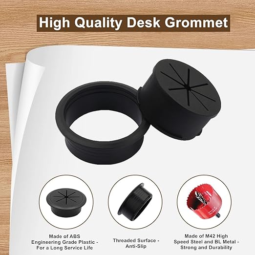 4 Pack Desk Grommet 2 Inch (50 mm), Desk Hole Cover for Cables, Black Desk Cord Hole Cover for Office Home Table, Cable Grommet with 1 Hole Saw Drill Attachment & 6 Cable Ties