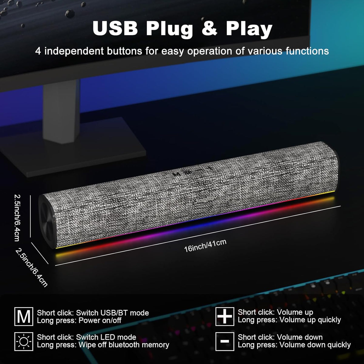 SOULION R100 Bluetooth Computer Speakers with Dynamic LED Light, USB Plug & Play PC Speakers with Switch Button, Clearly Sound Soundbar for Desktop Laptop Monitor(USB-C to USB Adapter Included)