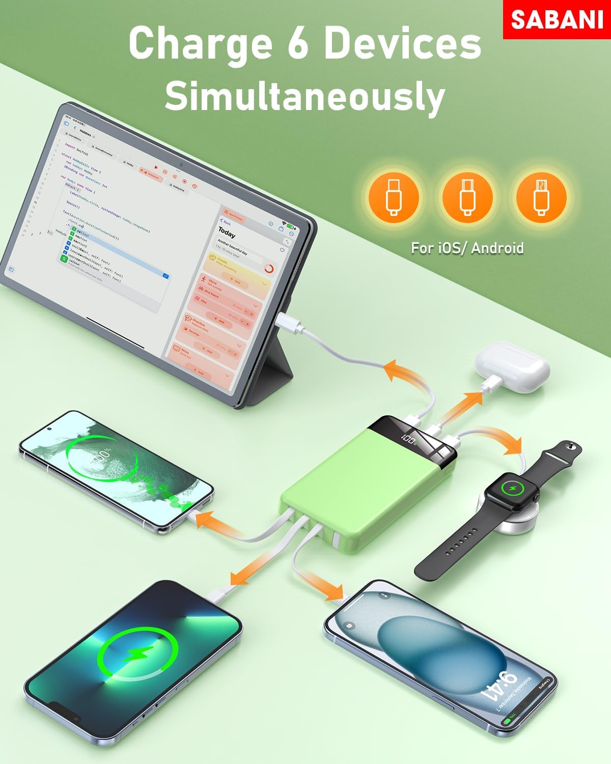 SABANI Portable Charger 35000mAh Power Bank - Portable Battery with 4 Built in Cables, 22.5W Fast Charging Battery Pack Compatible with iPhone 15 14 13 Samsung Android Cell Phone etc (1 Pack, Green)