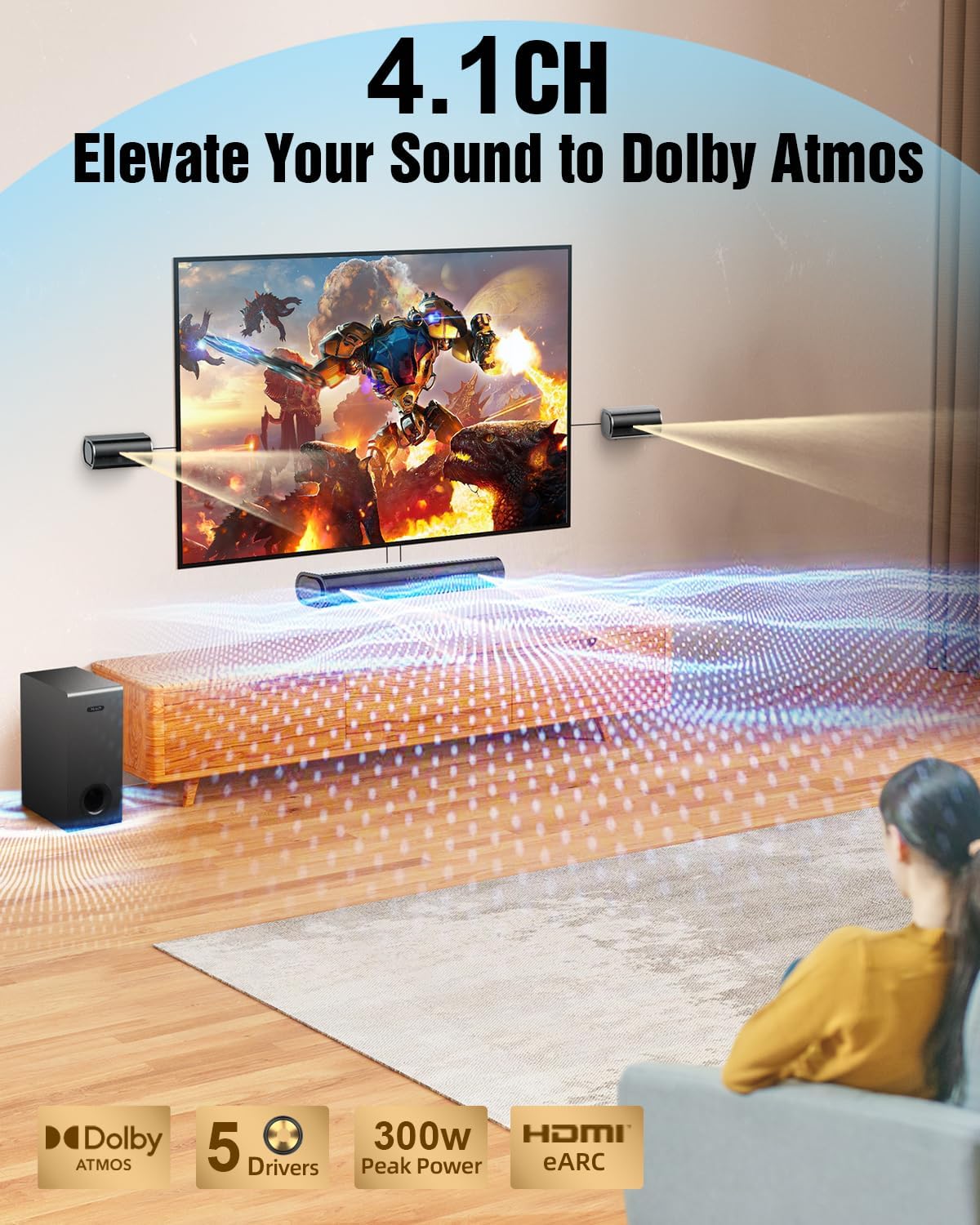 Hiwill 4.1ch Sound Bar with Dolby Atmos, 300W Sound Bar for Smart TV with Subwoofer, 2 Front Surround Speakers, Soundbar for TV Speaker, Adjustable Bass, Surround Sound System for TV, HiElite A41