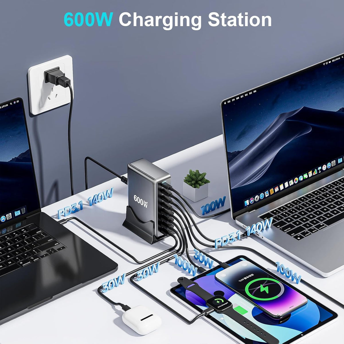 600W Fast USB C GaN Ⅲ Pro Charger Block,8 Port Charging Station,Dual 140W PD3.1 PPS Fast Charging Station for Multiple Devices Laptop Wall Charger Compatible with MacBook/iPhone 16/iPad etc