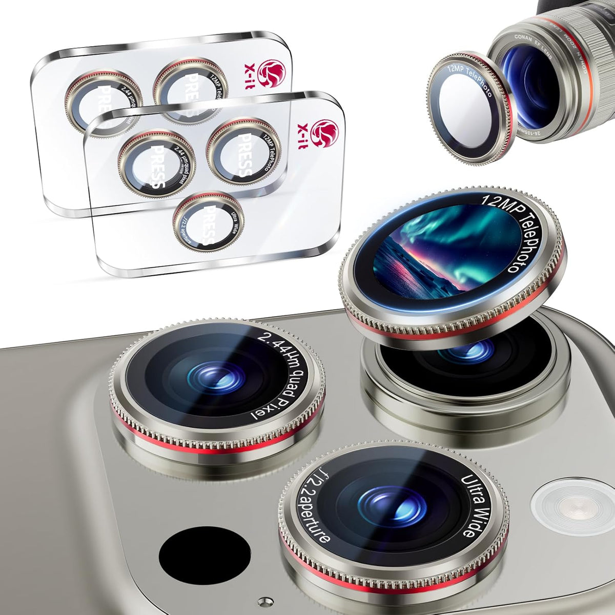 X-it 2 Pack Camera Lens Protector, Shatterproof Anti-Scratch Ultra HD Camera Protector, Anti-Glare Tempered Glass Lens Protector for iPhone 15 Pro Max/15Pro/14 Pro Max/14Pro, Case Friendly,TitaniumRed