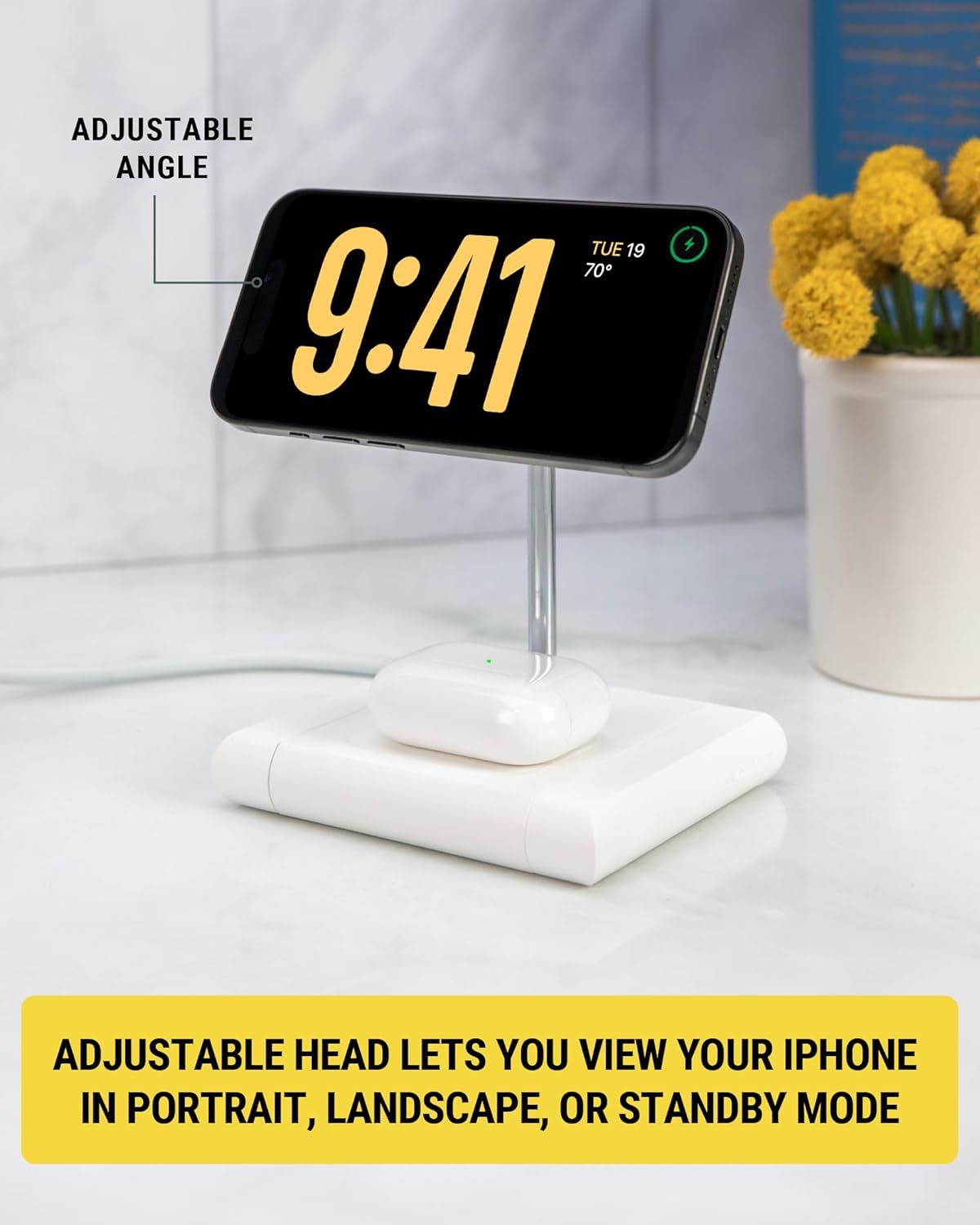 Scosche BL2MSiQWT-AP BaseLynx™ 2.0 2-in-1 Modular Charging Station with MagSafe, 15W Fast Wireless Charging Phone Stand Compatible w/Apple iPhone 15/14/13/12 Series, 5W Charger Pad for AirPods, White
