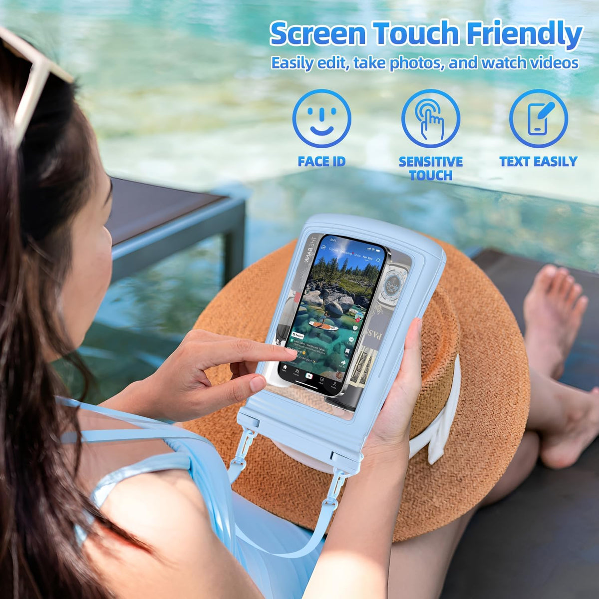 2L Floating Waterproof Phone Pouch for Up to 7.5", Large Space Adjustable Neck Lanyard Waterproof Bag. Dry Bag for Family Vacations, Beach, Pools, Kayaking, Cruises (Blue)