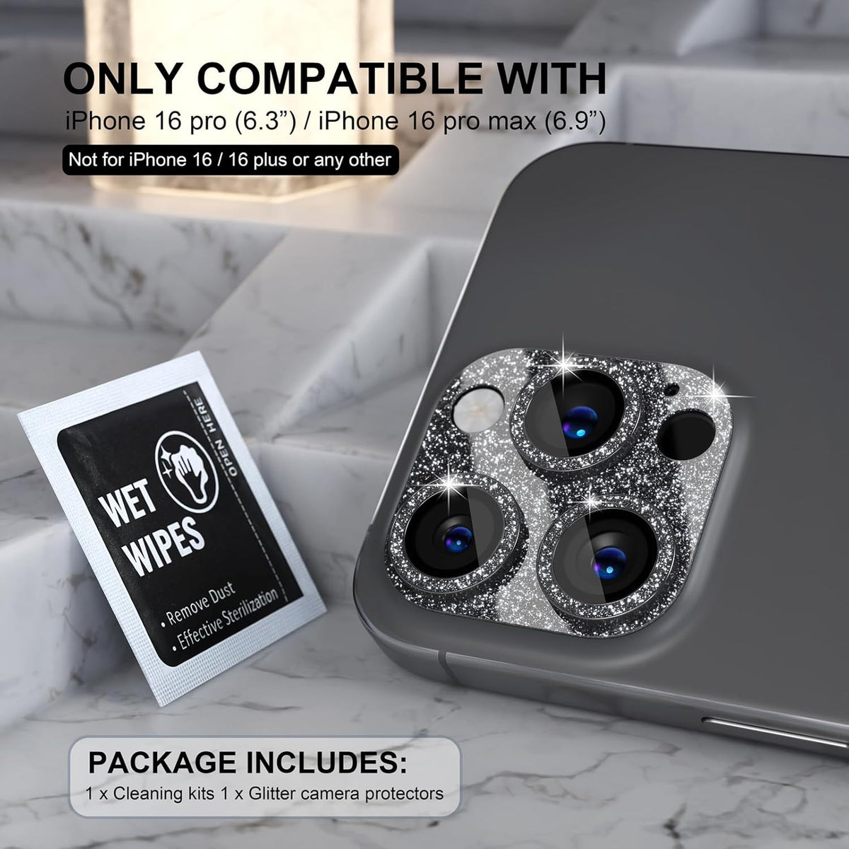 Choiche Compatible for iPhone 16 Pro/iPhone 16 Pro Max Camera Lens Protector, Bling Camera Cover with 9H Tempered Glass Lens Screen Protector Metal Ring Decoration Accessories (Glitter-Black)