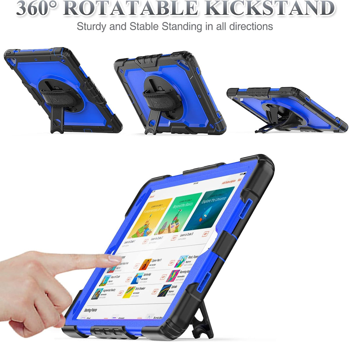 SEYMAC stock Case for iPad Air 3 2019 / Pro 10.5'' with Screen Protector Pen Holder [360° Rotate Hand Strap/Stand], Drop-Proof Case (Blue+Black)