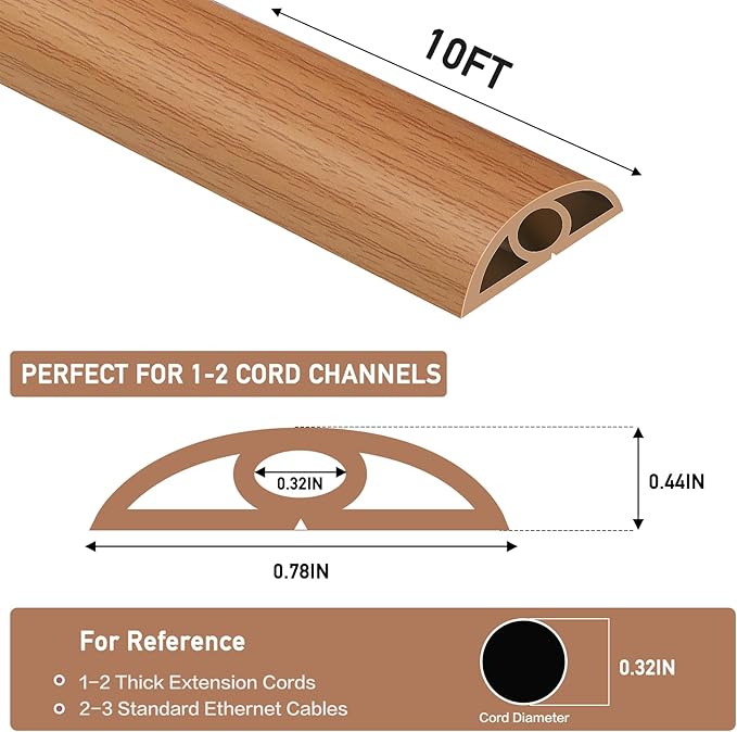 Floor Cord Cover Self Adhesive Cord Hider Floor Extension Cord Covers for Floor Power Cord Protector Cable Management Prevent Cable Trips Cable Cavity 0.32" W x 0.32" H (Light Brown Wood, 10Ft)